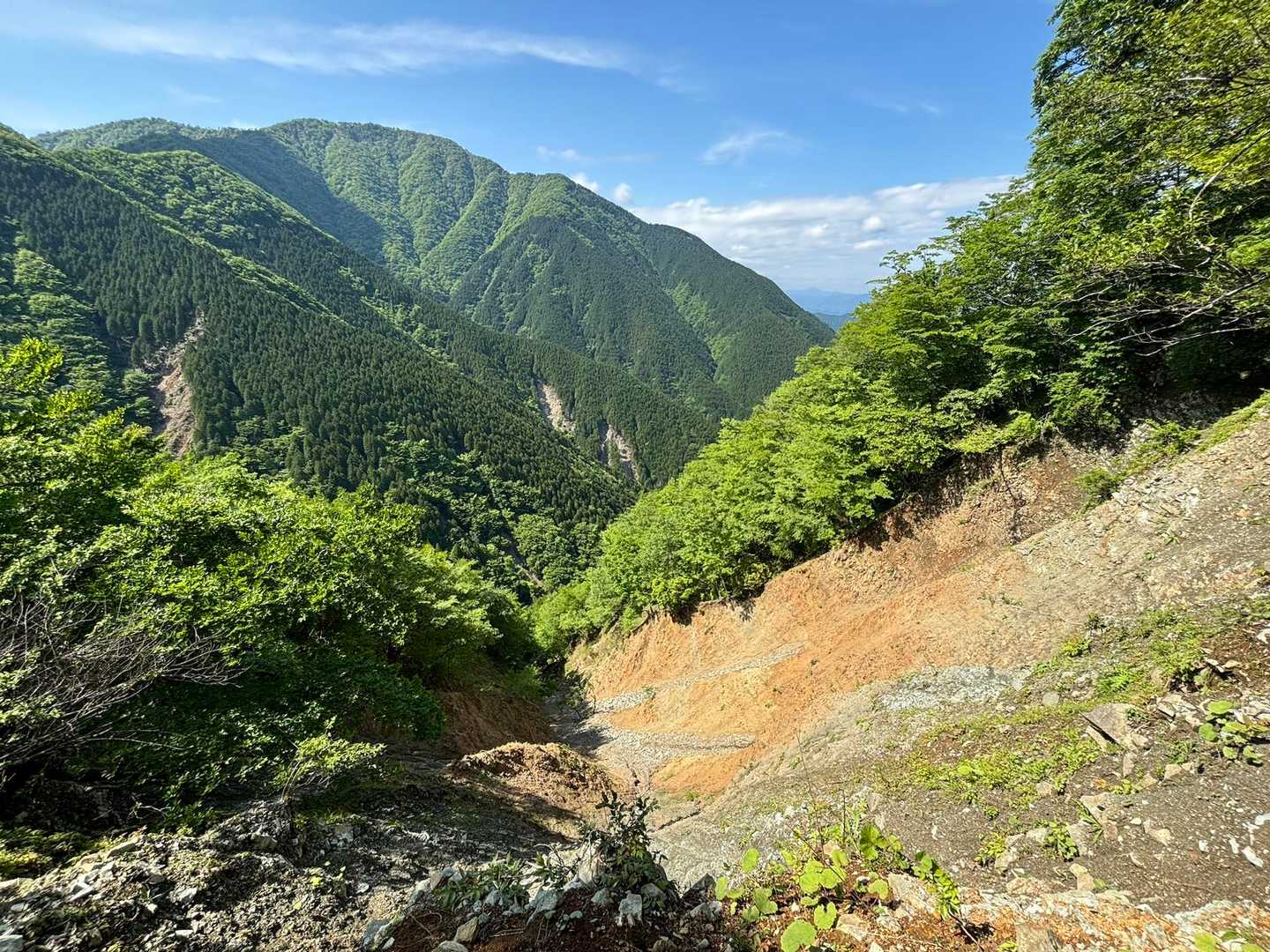 崖崩れ現場と大室山