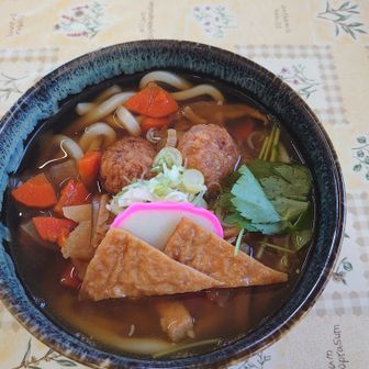 御幸ヶ原の茶屋でつくばうどん食べる。野菜たっぷりで食べ応えある。揚げが筑波山になってる😊