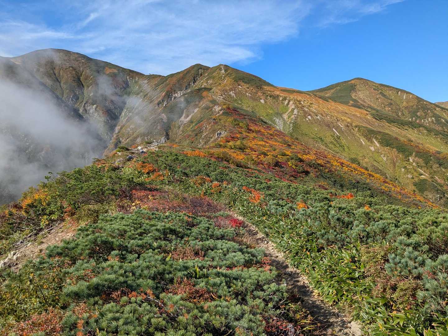 左の山が大朝日岳です。