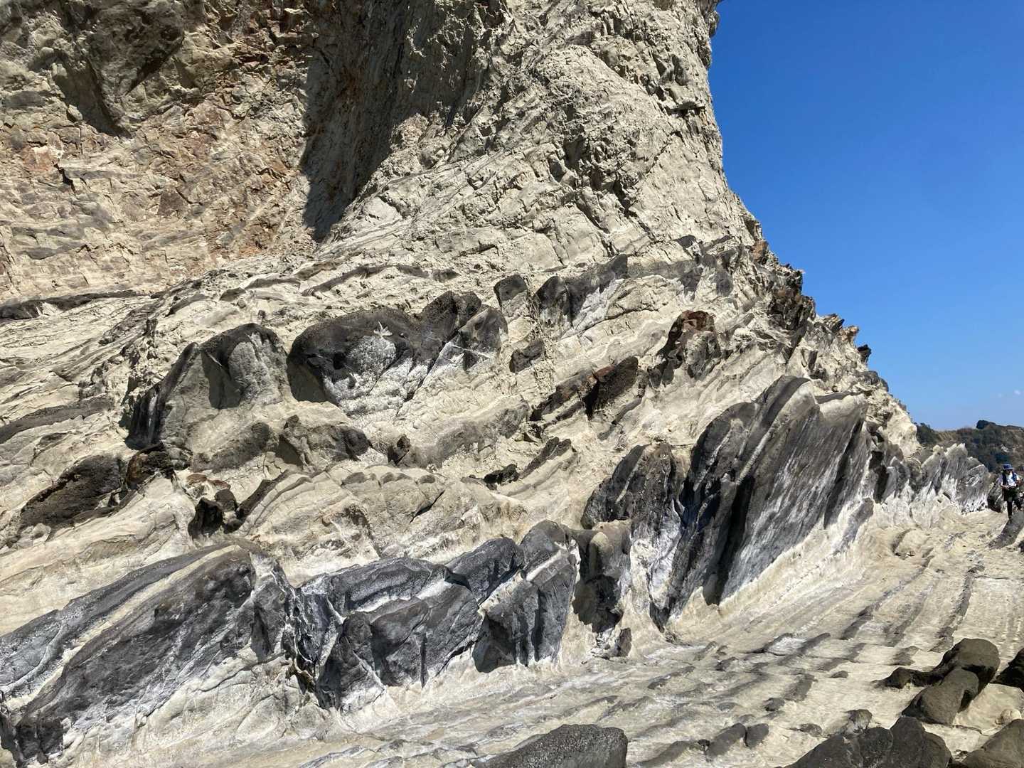 白黒で先が尖った岩場‼️
ゴジラの背中に似ていることから「ゴジラ岩」とも呼ばれているみたいです。
私はステゴサウルスの背中に見えるかも😄