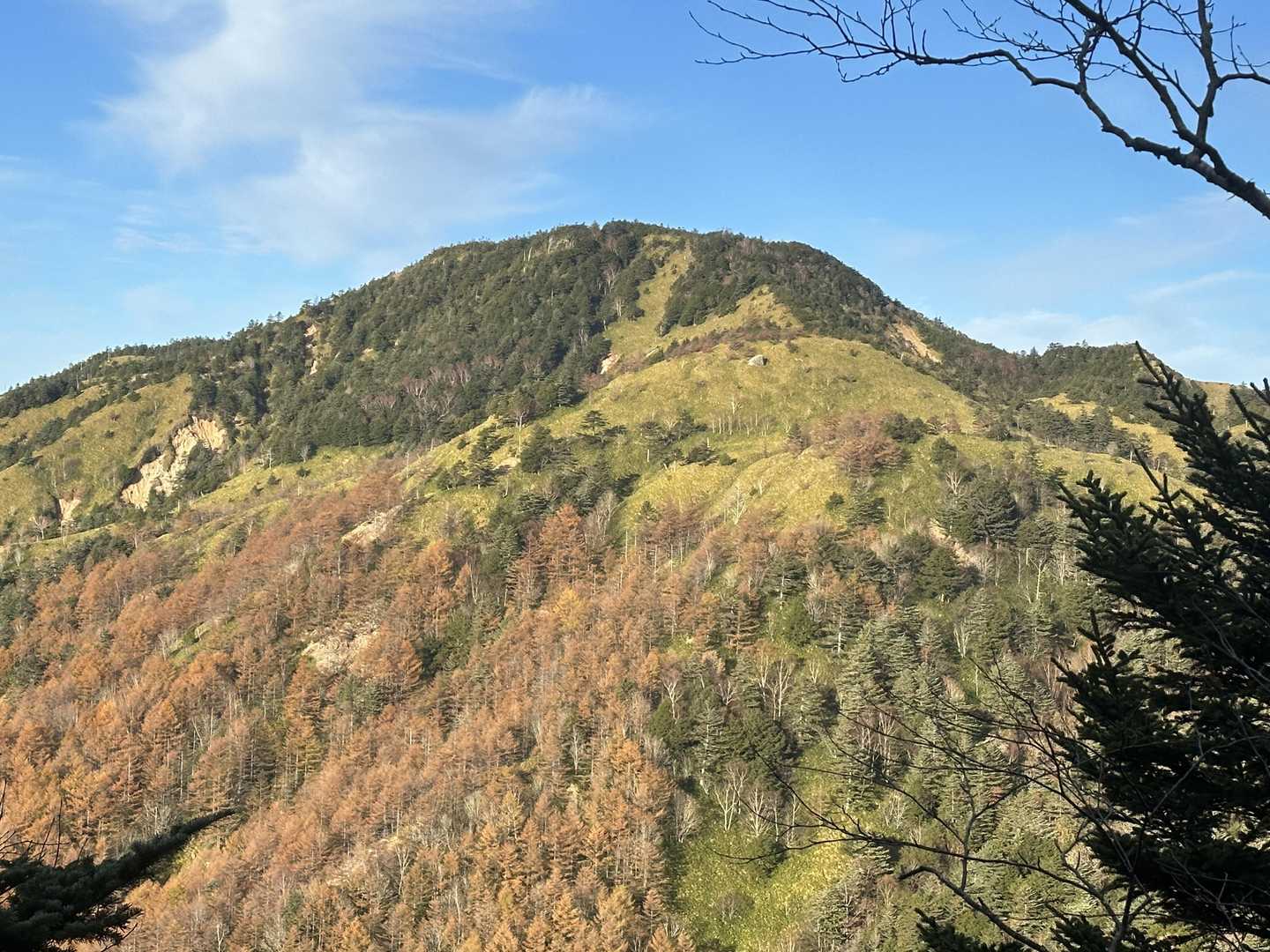 左前方に朝日が当たって斜面きれいで、とても気持ちよさそうな山。これが摺古木山かーと思ったが、全然違うくて 西の2027m峰。