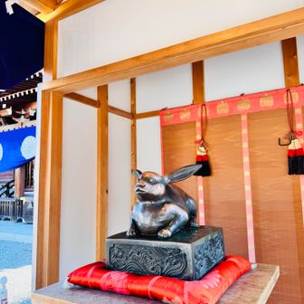 「なでうさぎ」はお正月期間中は祈祷殿前の専用のおうちへお引越ししてます🐇