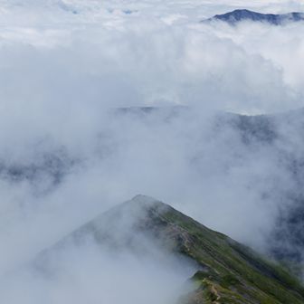 遠くに槍ヶ岳の穂先が雲海から頭を出している。あちらからの景色をさぞや絶景でしょう