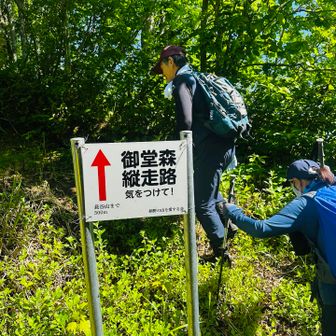 スタート！ 
写真は２班のスタッフリーダーの鈴木さん。
長谷山から御堂森登山道を開拓してくれたお一人でタケノコやキノコ採りのお話も聞かせていただきました。