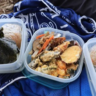 今日のお弁当は🍙🍙と昨夜の残り物。景色を見ながら食べるので何でも美味しい😊
