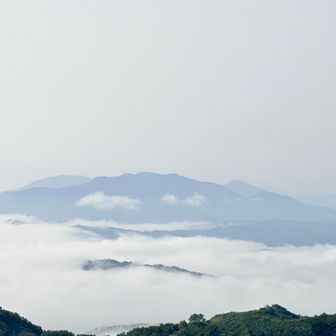 雲海と山々⛰️
高曇りで青空はないけどガスガスが少し抜けてきたかも

この時はまだ湿度80%以上💦
気温は低いのに天敵の湿度が私の体力を奪います😢