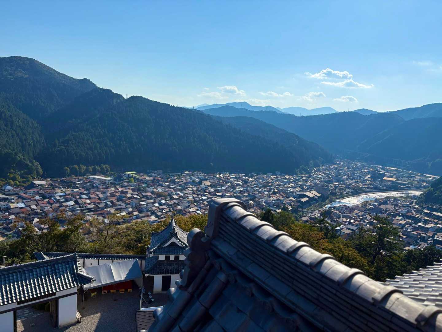 天守閣から城下町を一望する。川を泳ぐ鮎？のように見えるそうだけど、わからなかったです💦