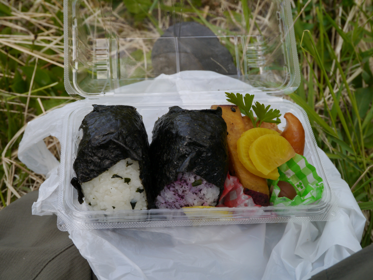 火山館に戻って早めのお昼です
浅間山荘で作ってもらったおにぎり弁当（６５０円）
昨日のお昼のコンビニおにぎりと今日の弁当のみ自己負担
なんてありがたいモニターツアー