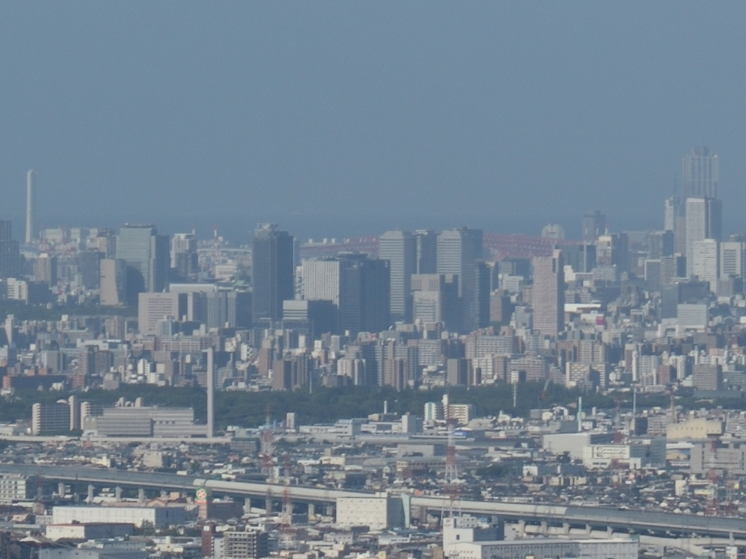交野山・国見山 前の写真のアップです。
中央やや左のビルの脇に大阪城天守の屋根が見えます。
奥に見えるのは大阪湾
