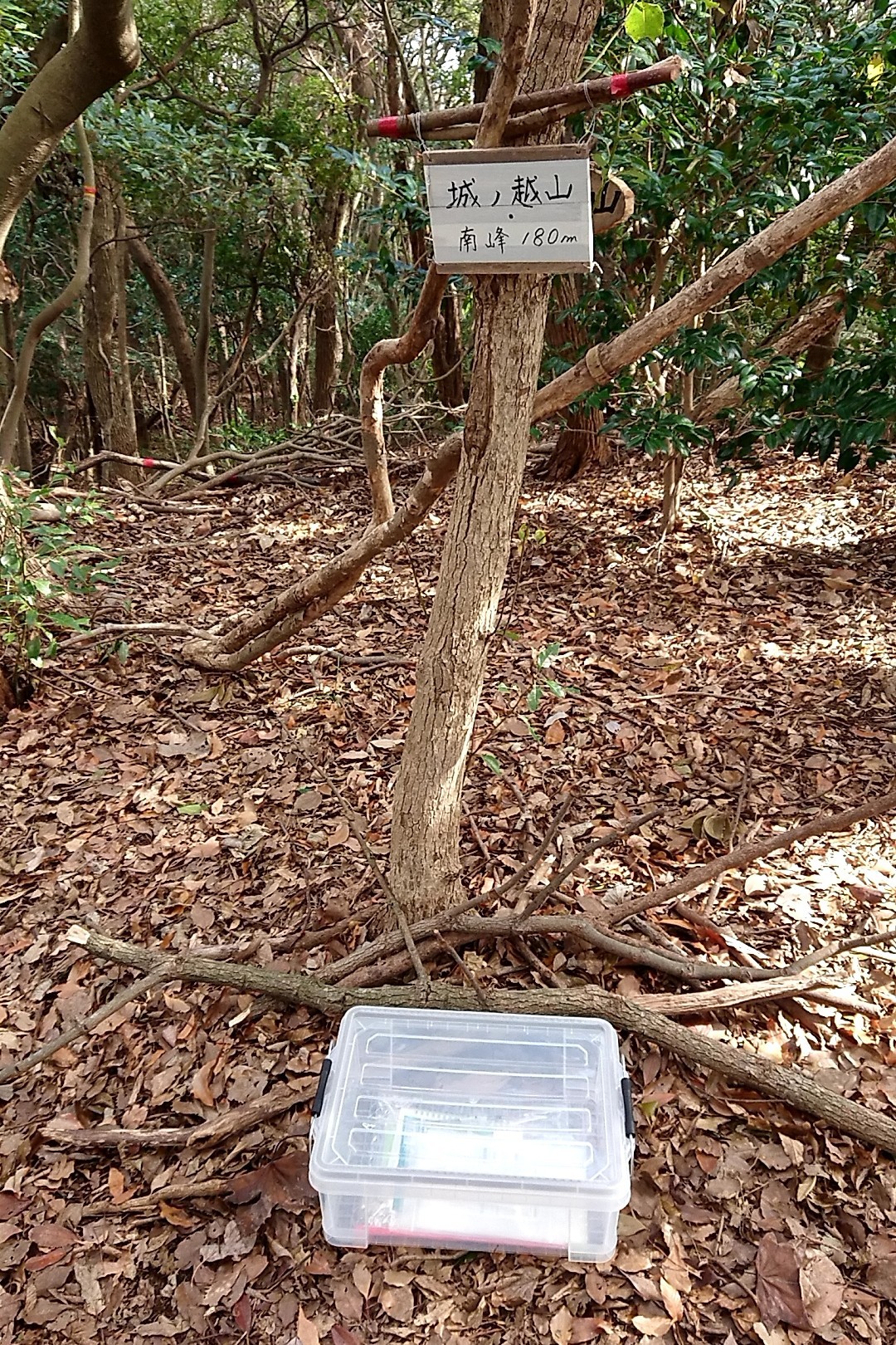 立花山・三日月山・城ノ越山 城ノ越山南峰に置いていた雑記帳入れの米びつに水が入って汚くなっているみたいだったから、グッデイで水が入らないぽい入れ物を買ってきた。さあ、どんなもんだろう？