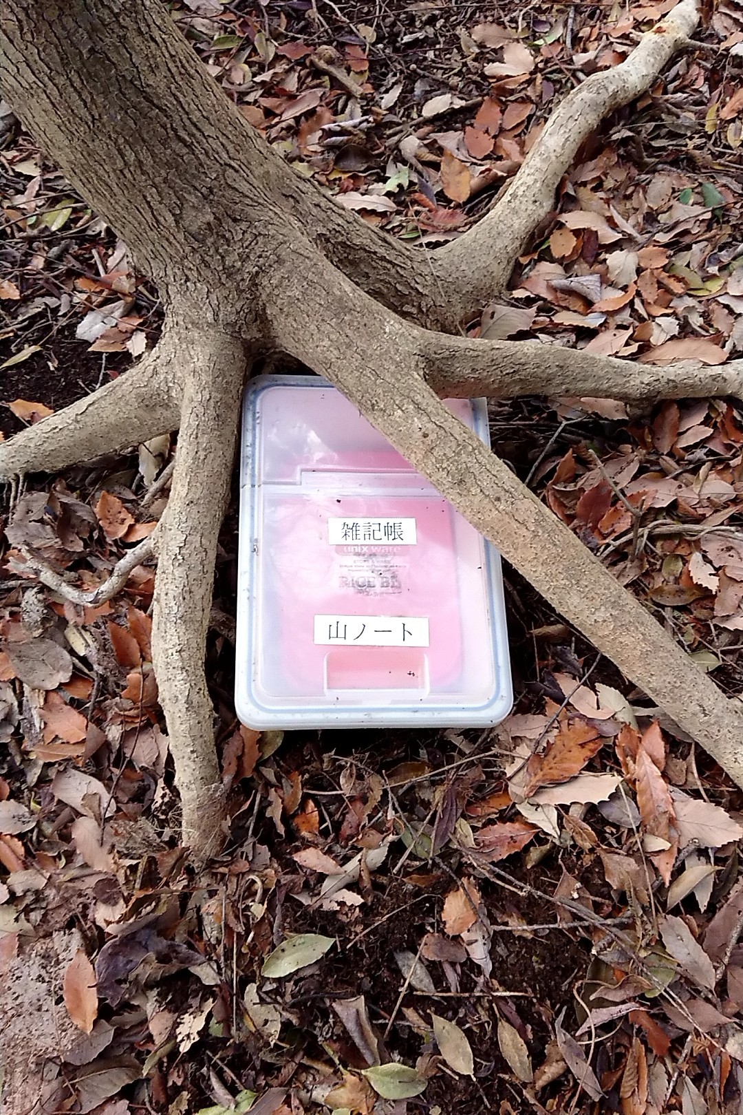 立花山・三日月山・城ノ越山 南峰にあった米びつを名子岳に持ってきた。
ノートは新しいぜ！木の根っ子下に入れて動かないようにしてきた。