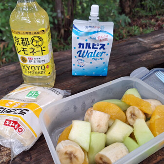前回、暑さと体調不良にやられて固形物が入らなかった。後半バテるのは食べられないのが大きな原因かなと思ったので、食べやすいフルーツと最近食べられる事がわかったランチパック(食べて具合↓になった過去あり😅避けていた)。フルーツ本当に美味しかった🍴これは疲れていても入る！💕カルピス凍らせてタッパーの上に置いて持ってきた👌保冷剤の役目を果たしてくれてヒンヤリ食べられた。バナナはちょい酸化で赤くなってた。オレンジの酸で大丈夫かと思ってたけど、次回は別のフルーツにするかな🤔タッパーもこれは大きくて重かった。半分くらいの買いに行こうかな。