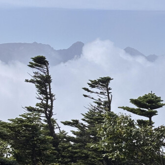 雲間に赤岳と阿弥陀岳、編笠岳(？)