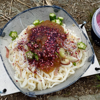 冷やし梅おろしぶっかけうどん。冷たい水でほぐすたけの流水麺。かけ出汁は、無印良品の製品でおろし出汁とドライ梅のセット。使い切れる2人前で買えます。具はミョウガとオクラ。サラダチキンも用意していたが載せ忘れました。美味しかったです。無印良品便利です。