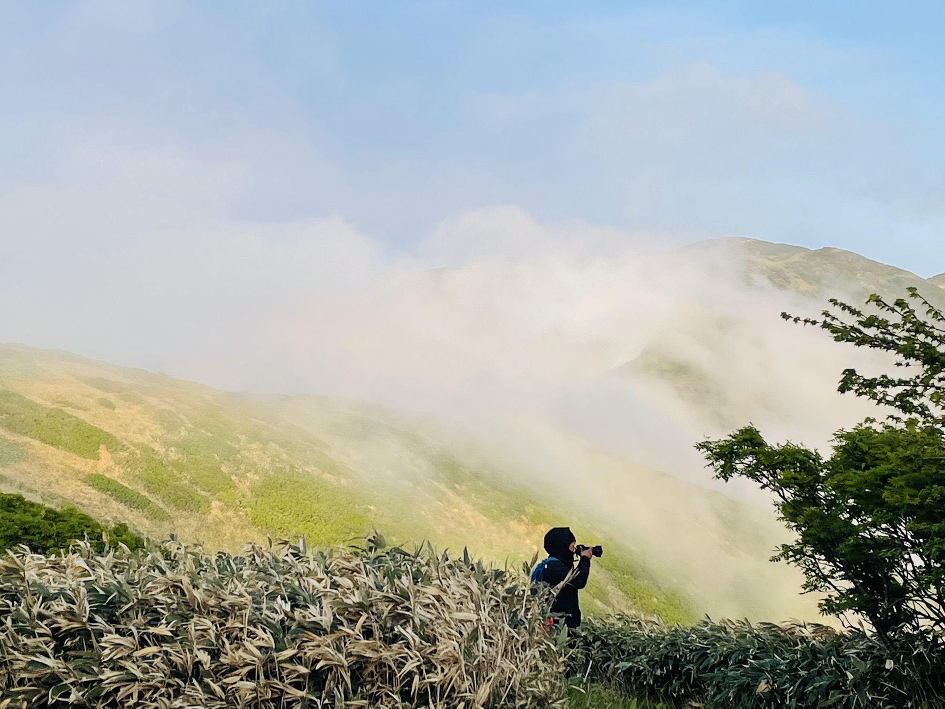 日が差してガスに虹のような光。
