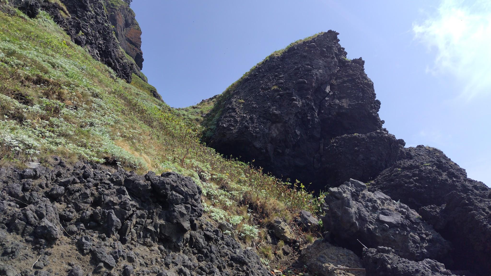 高巻きできそうな斜面もありますが、踏みあとがなく、斜面の反対が側がどうなっているのかわからないので、海岸線を進みました。