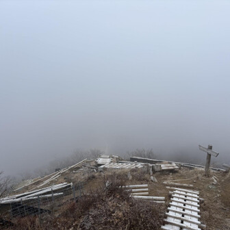 山頂は風が当たり寒いので休憩的地を探しながら進むよ💨
ここはきっと絶景ポイントね😂今日は地獄への入り口みたいだわ😢何も見えない🫥