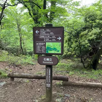 万三郎岳と万二郎岳の間の登山道は、丁寧な標識がいっぱい。ここは石楠立（はなだて）。
