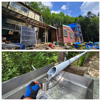 改装中？の仙水小屋に至り 清水をいただく。
※こんなにキンキンに冷えている自然水に驚嘆→うますぎる…正に｢南アルプスの天然水｣を実感