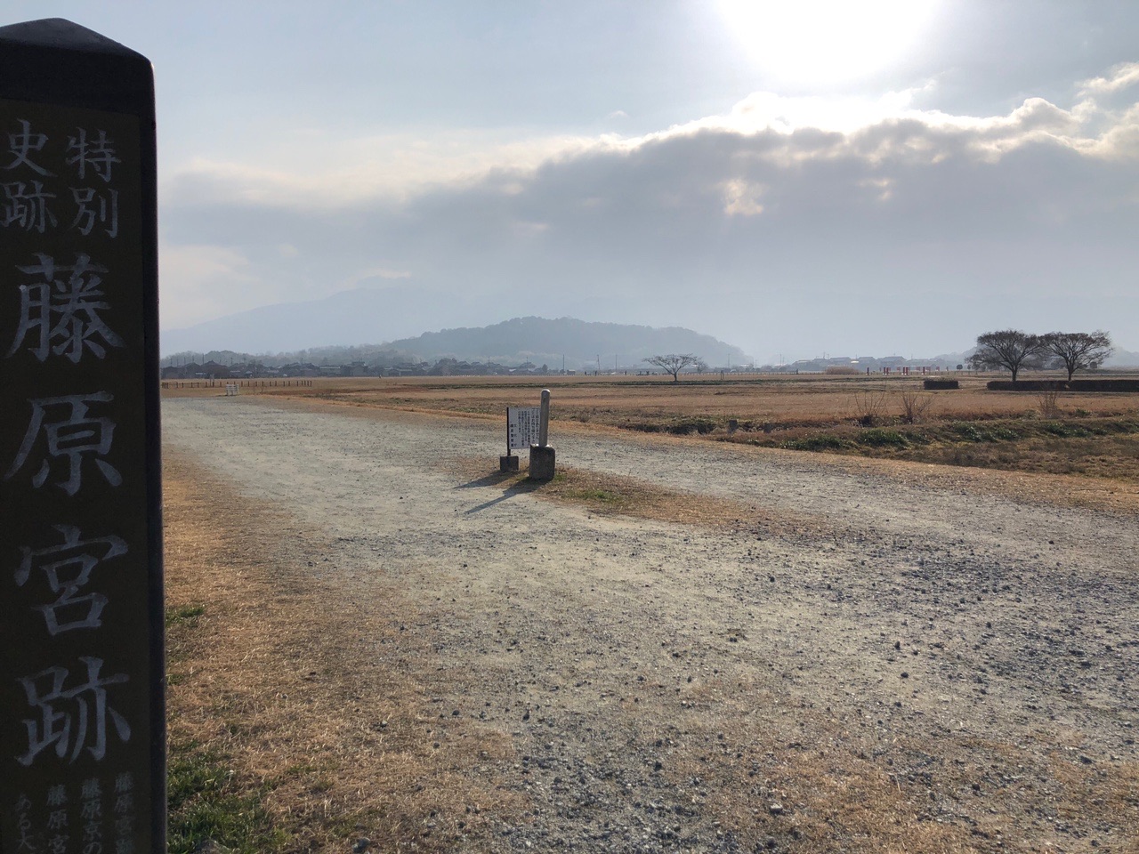 高取山 藤原京に到着。  奥の山は天の香具山（大和三山）。