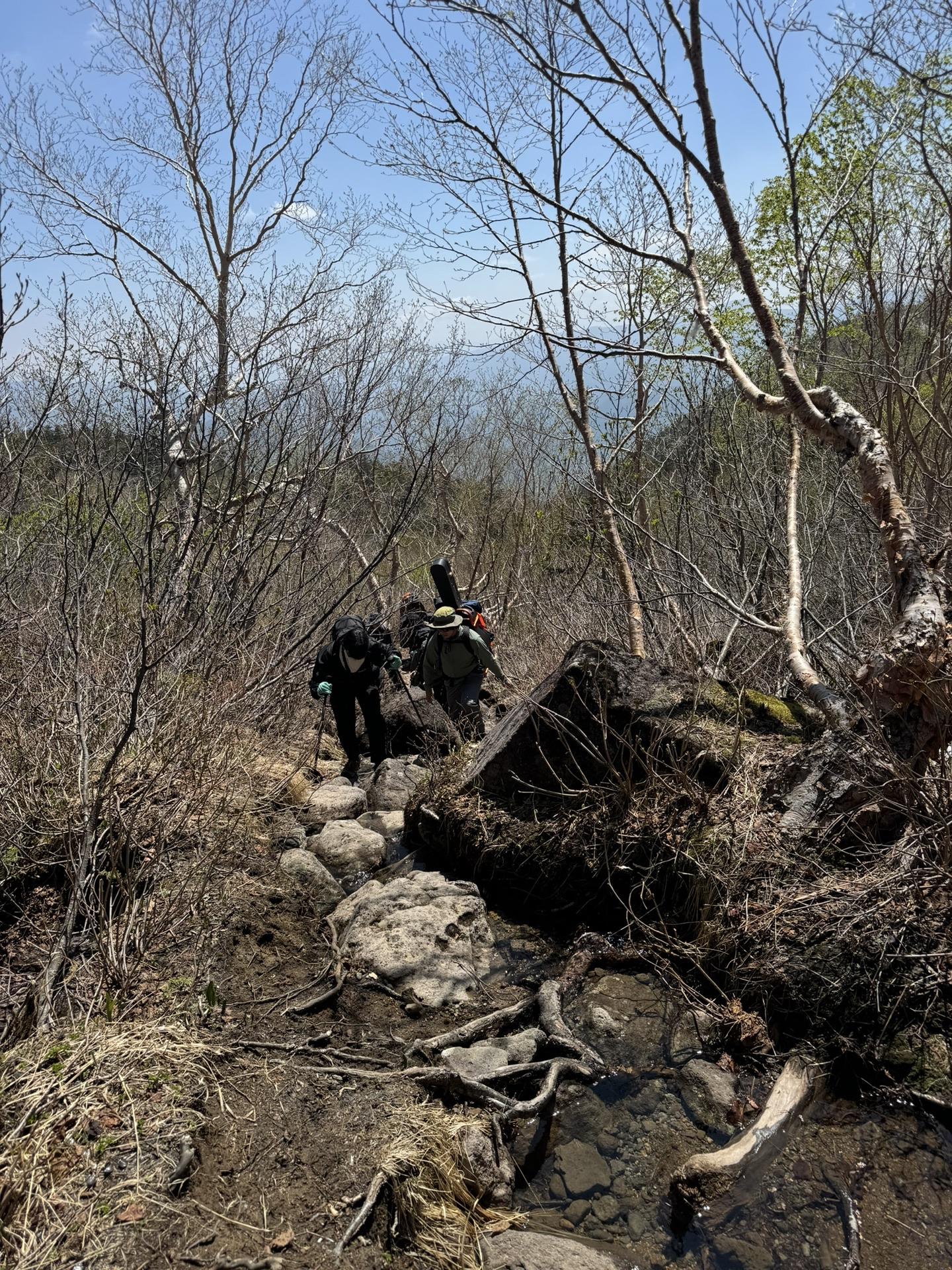 途中、沢をそのまま遡上するような道がちょくちょくあります。半端に雪渓になっていたりするので、難しいです