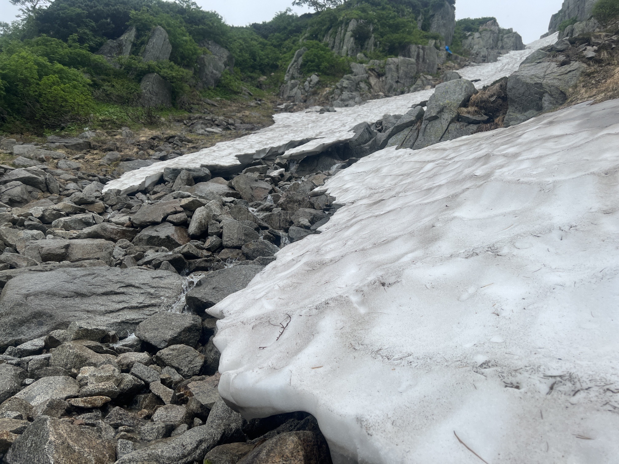 ガッツリ残雪を突破する。迂回(下に降りても良い)
