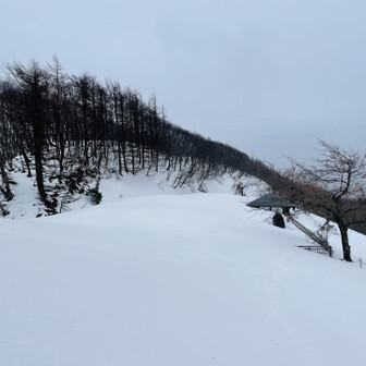 蘇武岳 林道に到着！奥に東屋が見える、
雪積もり過ぎて、もはや何か分からない状態に😅林道合流地点が九合目です。