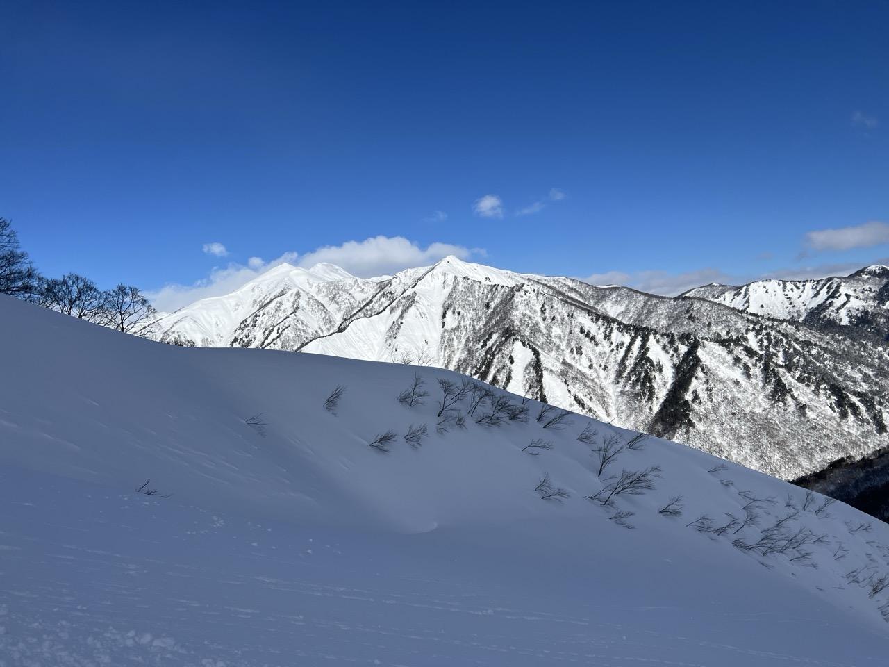 谷川岳・七ツ小屋山・大源太山 斜度が緩やかになった途端に降りとはいえ、腰ラッセルです。