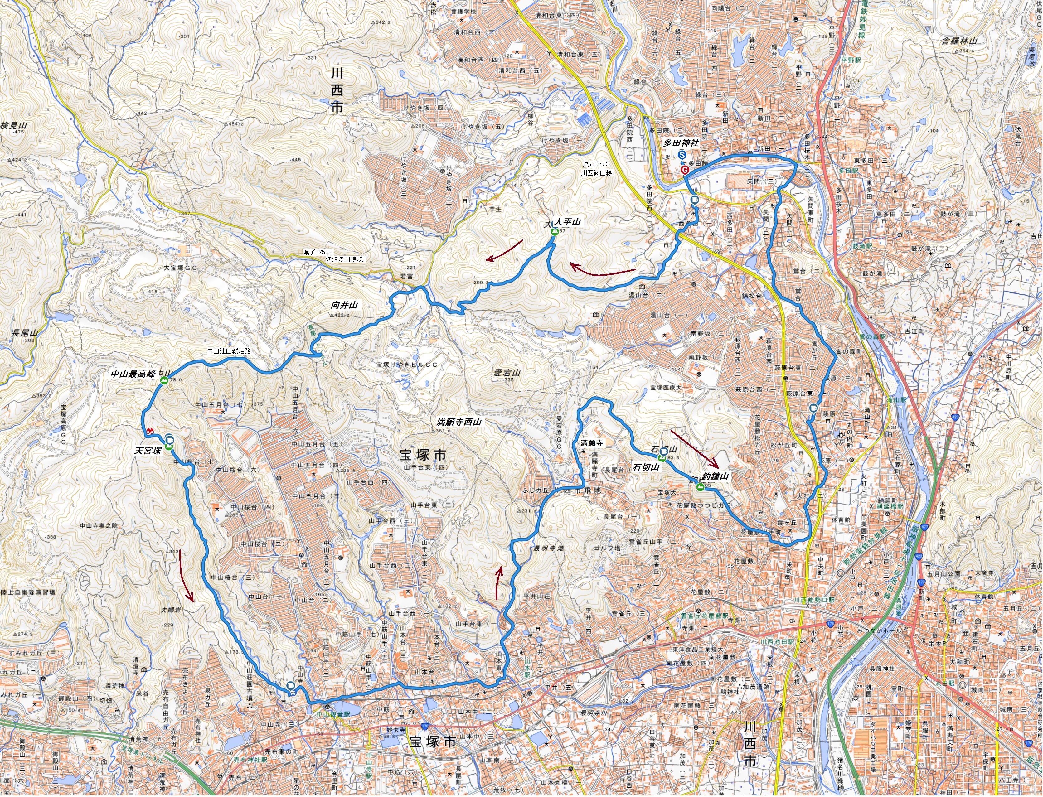 多田神社 中山寺 経由 大平山 中山最高峰 天宮塚 中山寺 巡礼街道 石切山 釣鐘山 旧多田街道 兵庫県川西市 宝塚市 安濃爾鱒さんの北摂里山トレイル 伊丹市 宝塚市 川西市 猪名川町エリア の活動データ Yamap ヤマップ