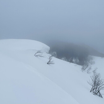 蘇武岳 頂上を振り返ると東側は巨大な雪庇になっていた‼️大杉山目指していたらヤバかった😱
もし行くなら、この辺から斜面をトラバースして行くんだろうが、もはや全く行こうと思わない💦